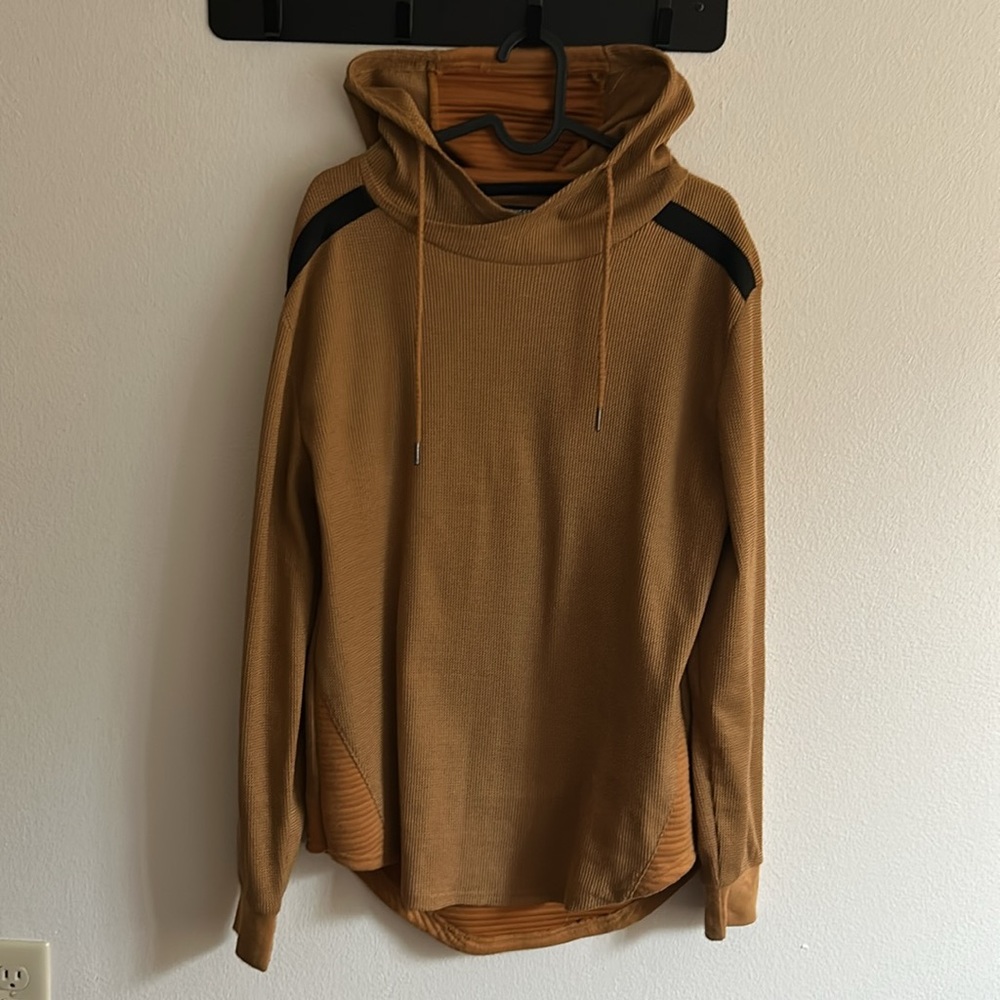 New Amongst Others Tan/Black Stylish Waffle Long Sleeve Thermal Pullover Hoodie